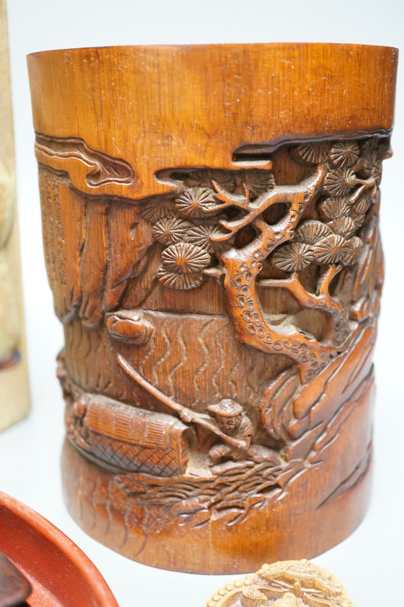 A Chinese applique work panel, a bamboo brushpot, 18cm, lacquer tray, inlaid boxwood table screen, covered box and two carvings